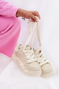 Clearance Skórzane Sneakersy Damskie Na Masywnej Platformie RR2N4043 Beżowe Damskie Sneakersy Damskie