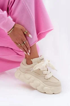 Clearance Skórzane Sneakersy Damskie Na Masywnej Platformie RR2N4043 Beżowe Damskie Sneakersy Damskie