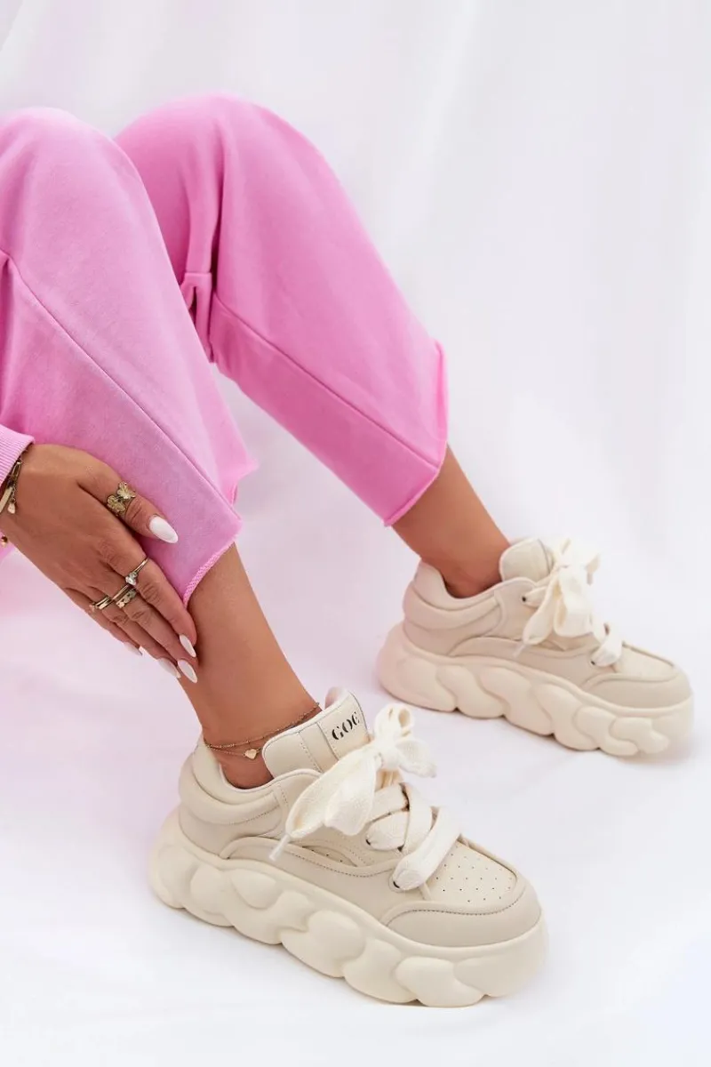 Clearance Skórzane Sneakersy Damskie Na Masywnej Platformie RR2N4043 Beżowe Damskie Sneakersy Damskie