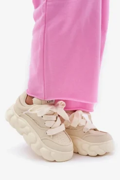 Clearance Skórzane Sneakersy Damskie Na Masywnej Platformie RR2N4043 Beżowe Damskie Sneakersy Damskie