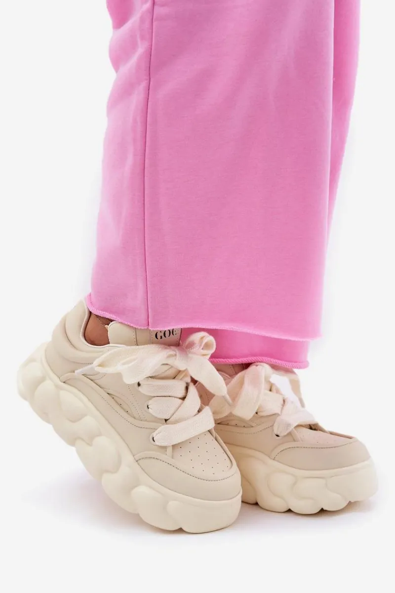 Clearance Skórzane Sneakersy Damskie Na Masywnej Platformie RR2N4043 Beżowe Damskie Sneakersy Damskie