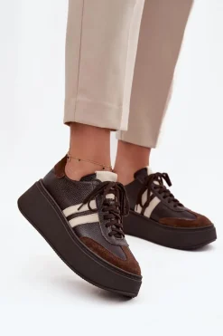 Buty Sportowe Na Platformie|Sneakersy Damskie>Zazoo Skórzane Sneakersy Damskie Na Platformie 3775 Czekoladowe Brązowy