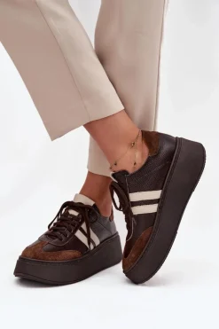 Buty Sportowe Na Platformie|Sneakersy Damskie>Zazoo Skórzane Sneakersy Damskie Na Platformie 3775 Czekoladowe Brązowy