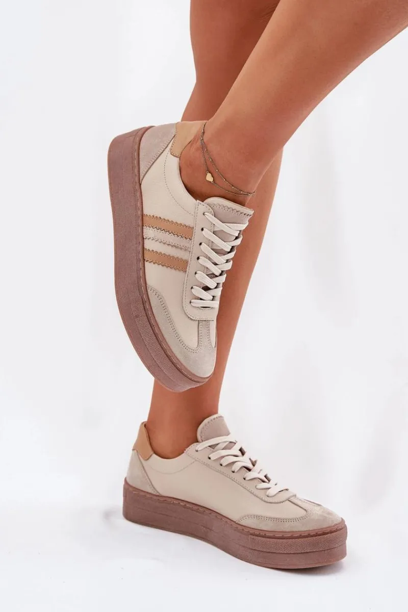 Zazoo Skórzane Sneakersy Damskie Na Platformie N1234 Beżowe Beżowy