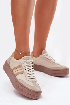 Zazoo Skórzane Sneakersy Damskie Na Platformie N1234 Beżowe Beżowy