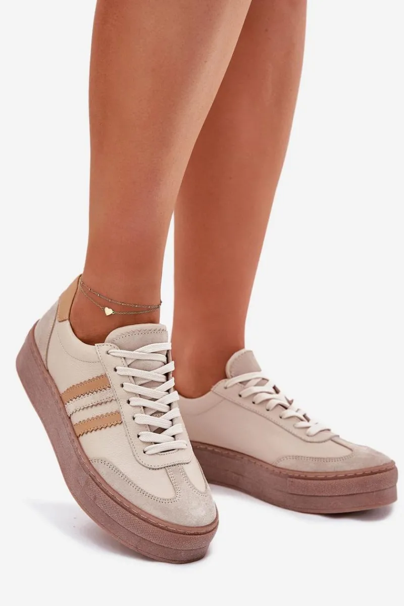 Zazoo Skórzane Sneakersy Damskie Na Platformie N1234 Beżowe Beżowy