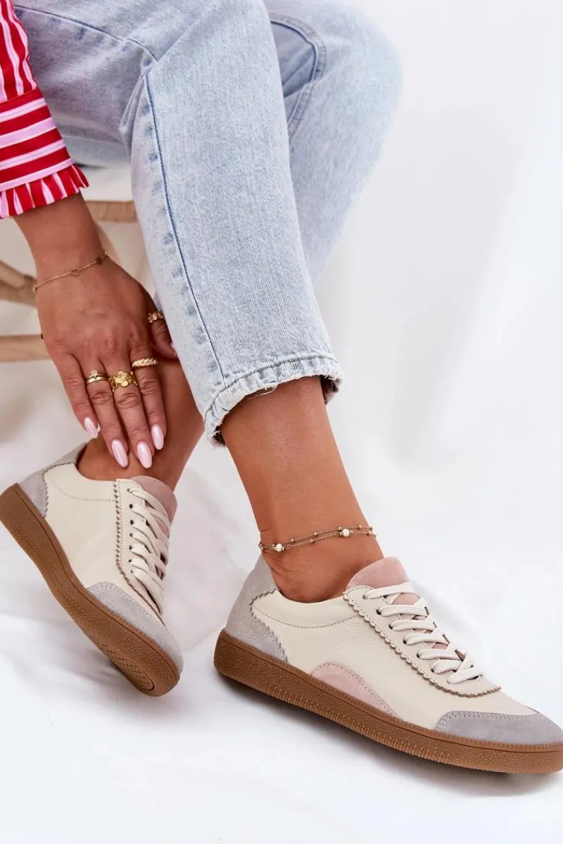 Outlet Skórzane Sneakersy Damskie N1220 Beżowe Damskie Buty Sportowe Na Platformie|Sneakersy Damskie