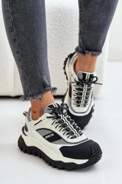 Buty Sportowe Big Star|Sneakersy Damskie>Big Star Shoes Skórzane Sneakersy Damskie Na Platformie Big Star OO274A220 HI-POLY SYSTEM Biało-Czarne