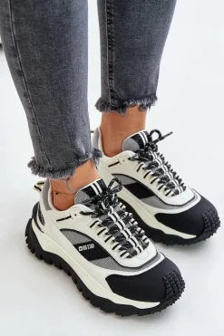 Buty Sportowe Big Star|Sneakersy Damskie>Big Star Shoes Skórzane Sneakersy Damskie Na Platformie Big Star OO274A220 HI-POLY SYSTEM Biało-Czarne