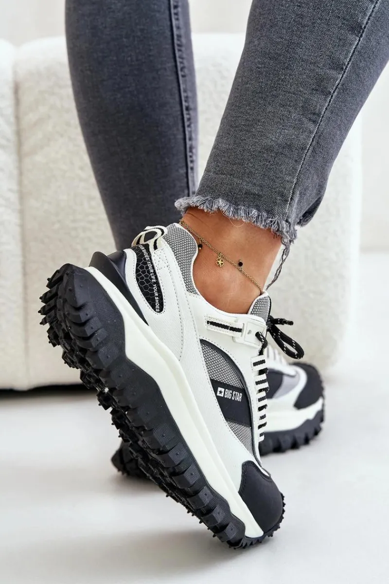 Buty Sportowe Big Star|Sneakersy Damskie>Big Star Shoes Skórzane Sneakersy Damskie Na Platformie Big Star OO274A220 HI-POLY SYSTEM Biało-Czarne