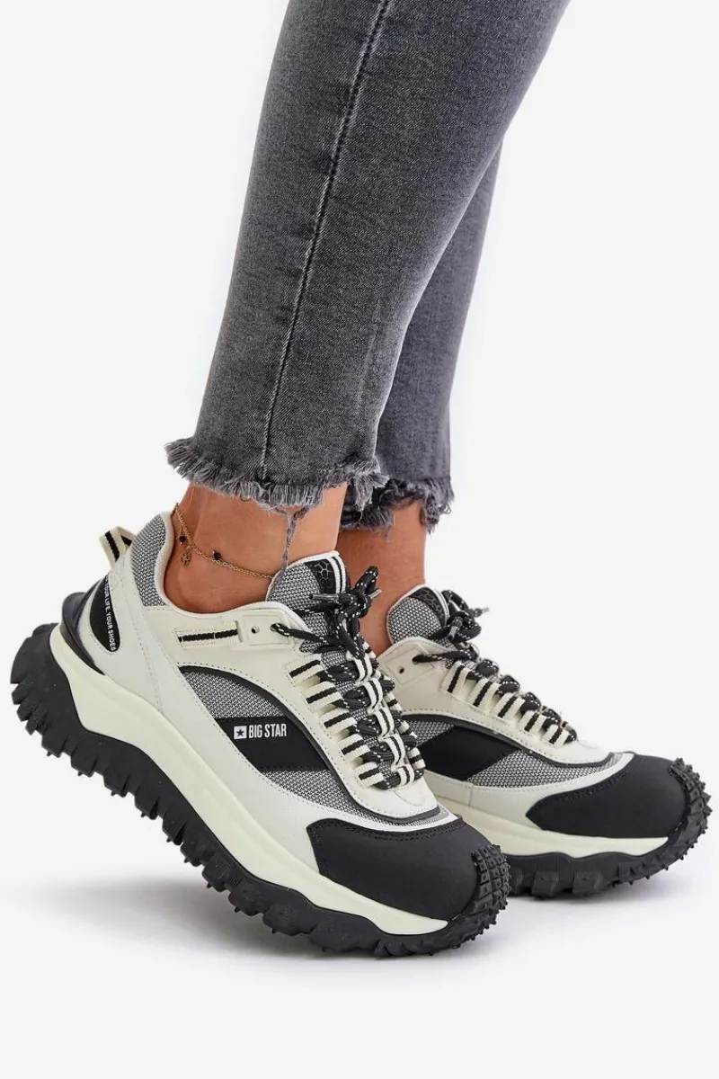 Buty Sportowe Big Star|Sneakersy Damskie>Big Star Shoes Skórzane Sneakersy Damskie Na Platformie Big Star OO274A220 HI-POLY SYSTEM Biało-Czarne