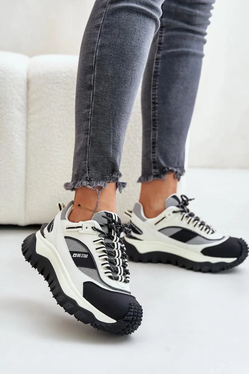 Buty Sportowe Big Star|Sneakersy Damskie>Big Star Shoes Skórzane Sneakersy Damskie Na Platformie Big Star OO274A220 HI-POLY SYSTEM Biało-Czarne