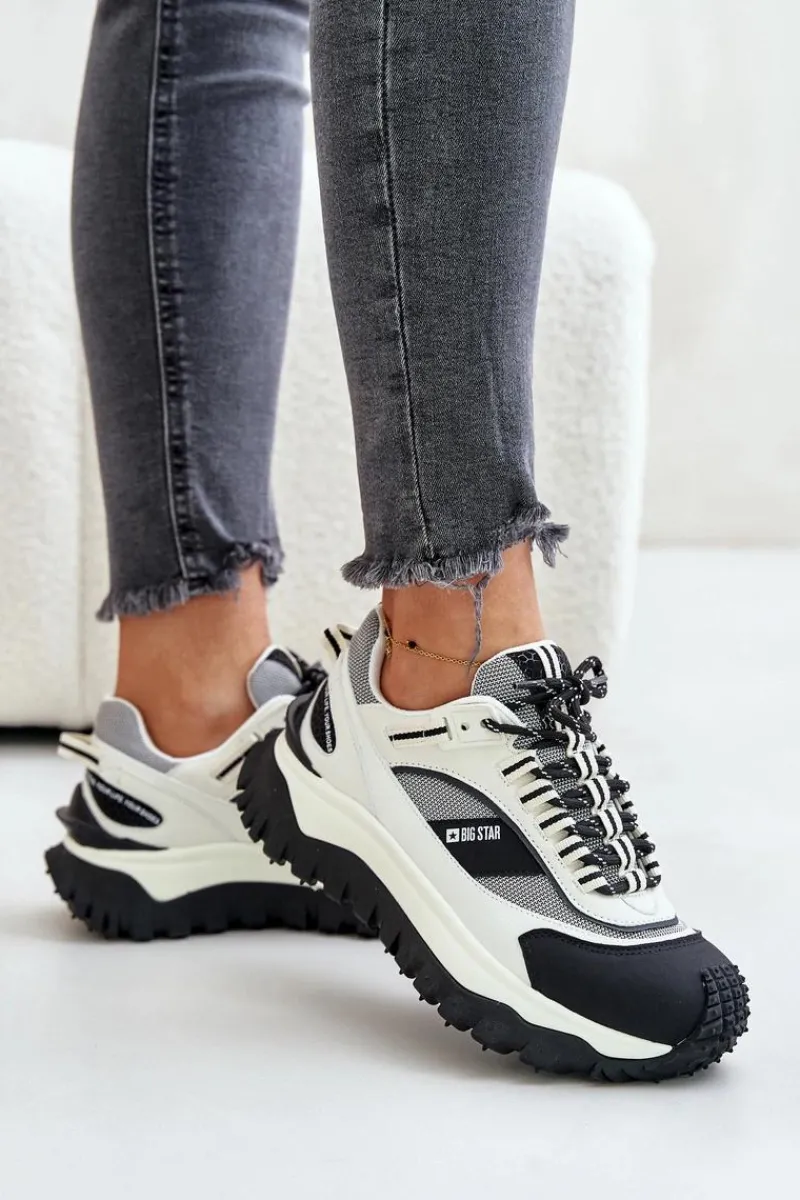 Buty Sportowe Big Star|Sneakersy Damskie>Big Star Shoes Skórzane Sneakersy Damskie Na Platformie Big Star OO274A220 HI-POLY SYSTEM Biało-Czarne