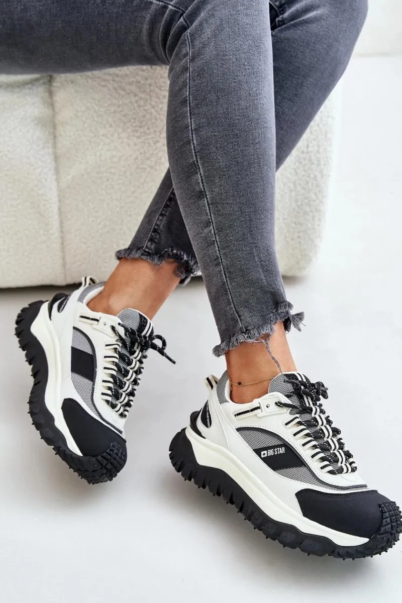 Buty Sportowe Big Star|Sneakersy Damskie>Big Star Shoes Skórzane Sneakersy Damskie Na Platformie Big Star OO274A220 HI-POLY SYSTEM Biało-Czarne