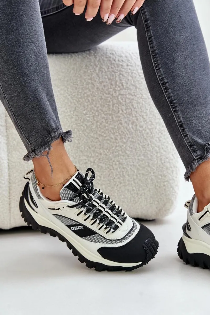 Buty Sportowe Big Star|Sneakersy Damskie>Big Star Shoes Skórzane Sneakersy Damskie Na Platformie Big Star OO274A220 HI-POLY SYSTEM Biało-Czarne