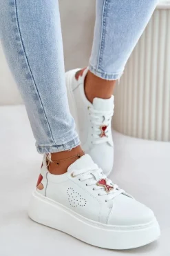 Best Buty damskie Vinceza Skórzane Sneakersy Damskie Na Platformie Z Przypinką I Ozdobnym Kwiatem 89100 Białe