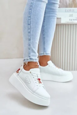 Best Buty damskie Vinceza Skórzane Sneakersy Damskie Na Platformie Z Przypinką I Ozdobnym Kwiatem 89100 Białe