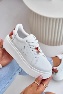 Best Buty damskie Vinceza Skórzane Sneakersy Damskie Na Platformie Z Przypinką I Ozdobnym Kwiatem 89100 Białe