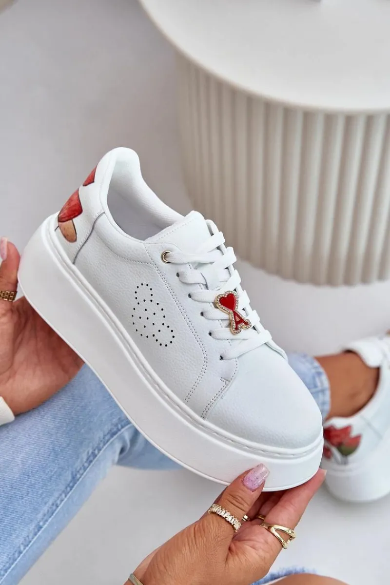 Best Buty damskie Vinceza Skórzane Sneakersy Damskie Na Platformie Z Przypinką I Ozdobnym Kwiatem 89100 Białe