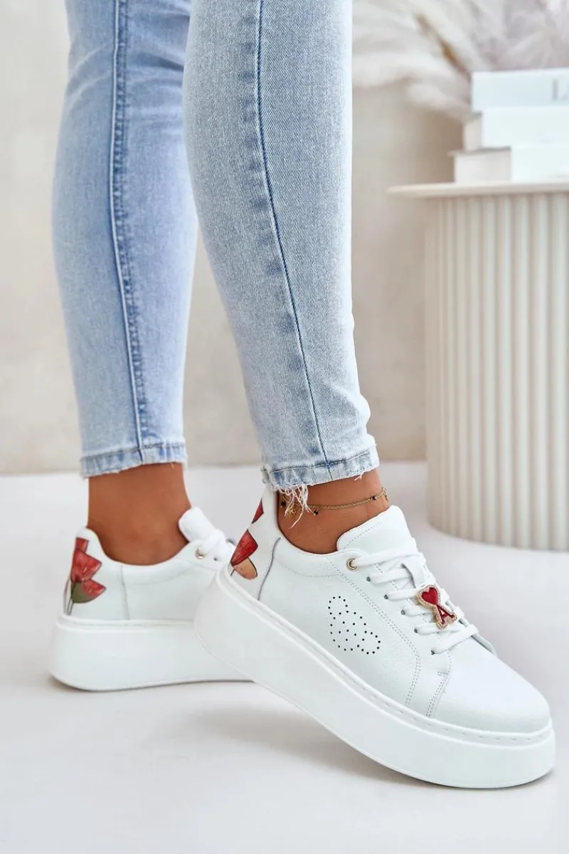 Best Buty damskie Vinceza Skórzane Sneakersy Damskie Na Platformie Z Przypinką I Ozdobnym Kwiatem 89100 Białe