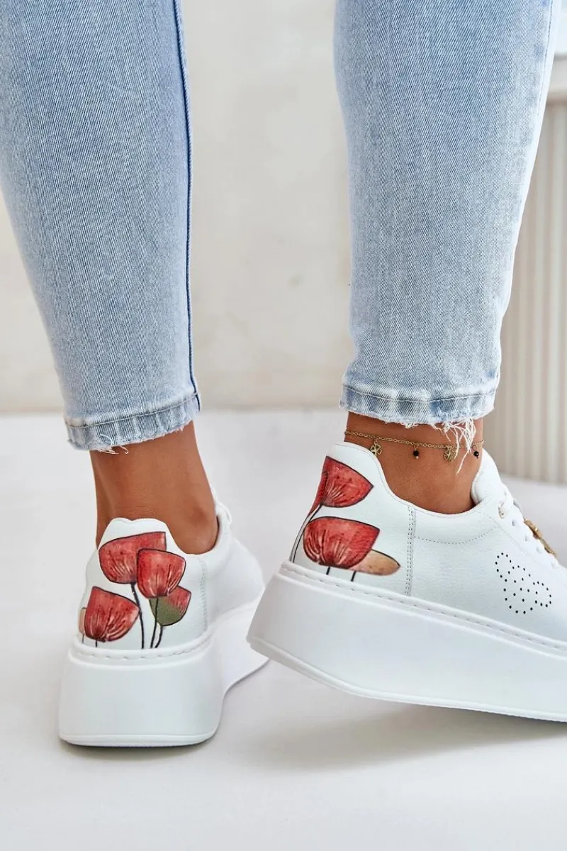 Best Buty damskie Vinceza Skórzane Sneakersy Damskie Na Platformie Z Przypinką I Ozdobnym Kwiatem 89100 Białe