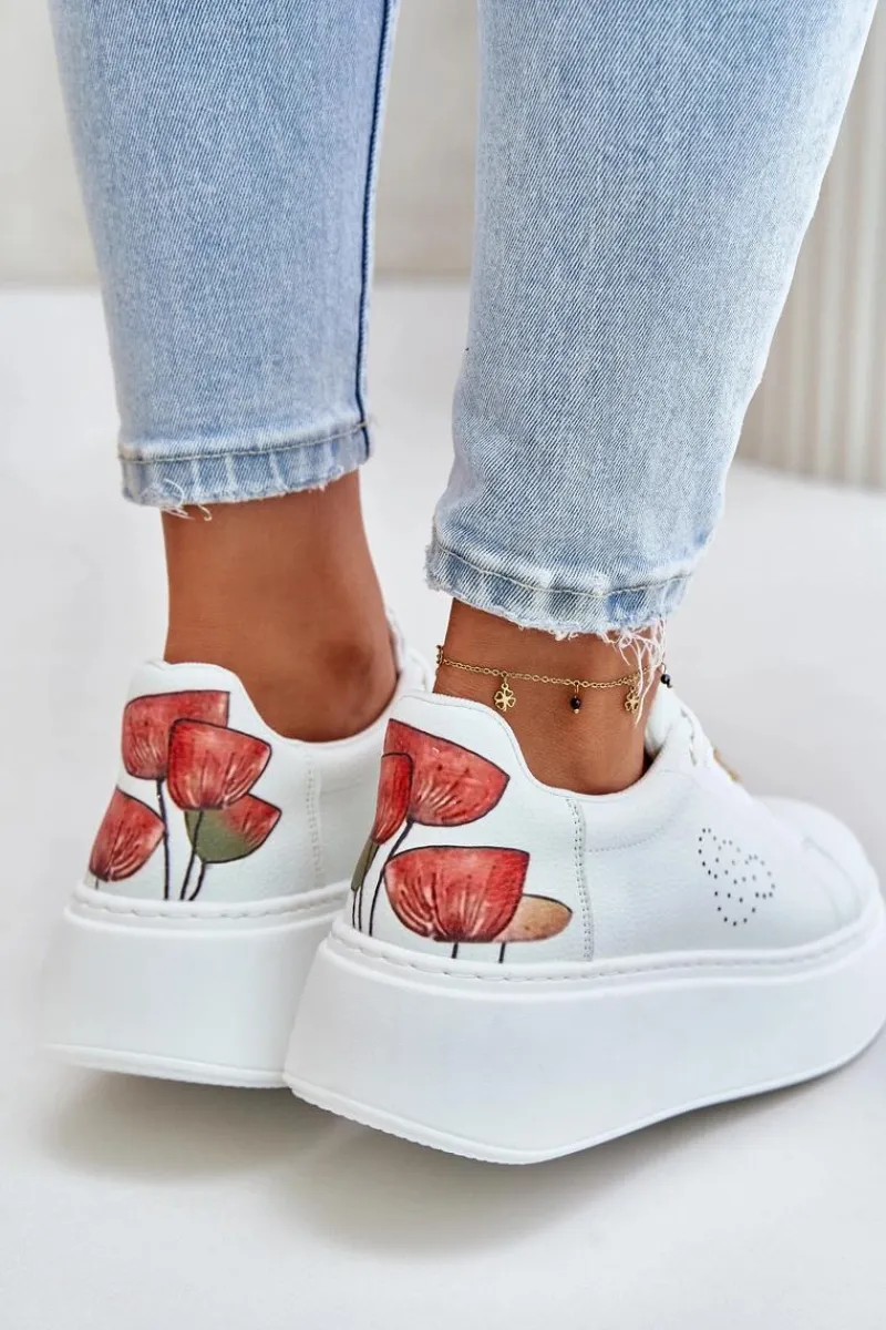 Best Buty damskie Vinceza Skórzane Sneakersy Damskie Na Platformie Z Przypinką I Ozdobnym Kwiatem 89100 Białe