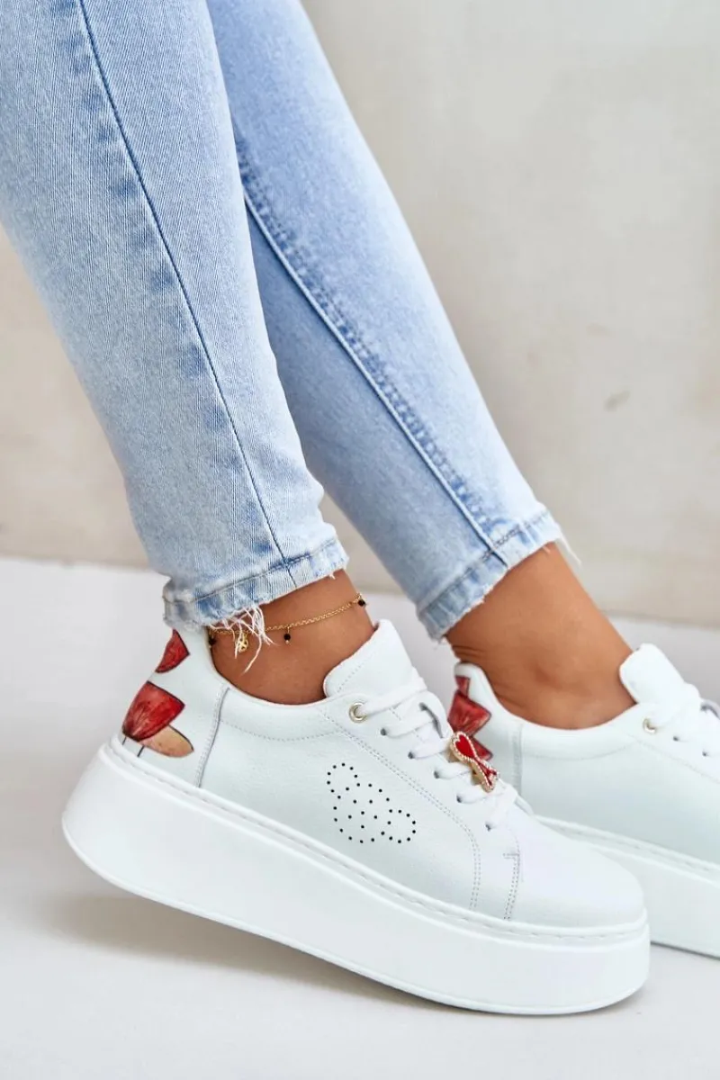 Best Buty damskie Vinceza Skórzane Sneakersy Damskie Na Platformie Z Przypinką I Ozdobnym Kwiatem 89100 Białe