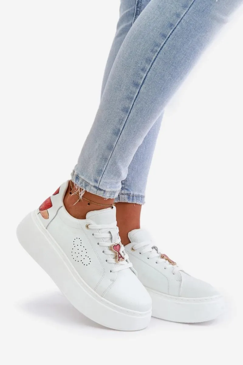 Best Buty damskie Vinceza Skórzane Sneakersy Damskie Na Platformie Z Przypinką I Ozdobnym Kwiatem 89100 Białe