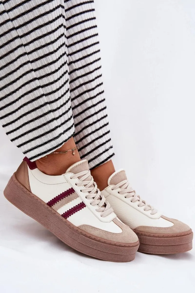 Buty Sportowe Na Platformie|Sneakersy Damskie>Zazoo Skórzane Sneakersy Damskie Na Platformie N1234 Beżowo-Bordowe Beżowy