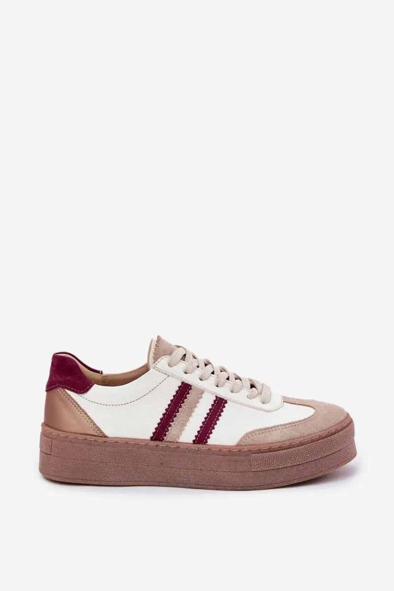 Buty Sportowe Na Platformie|Sneakersy Damskie>Zazoo Skórzane Sneakersy Damskie Na Platformie N1234 Beżowo-Bordowe Beżowy