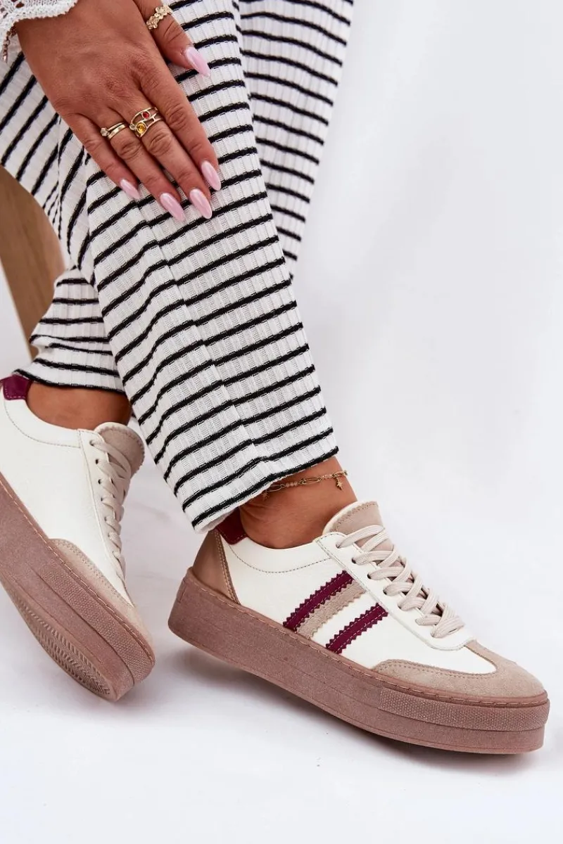 Buty Sportowe Na Platformie|Sneakersy Damskie>Zazoo Skórzane Sneakersy Damskie Na Platformie N1234 Beżowo-Bordowe Beżowy