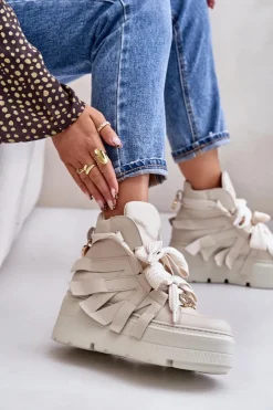 Sale CheBello Skórzane Sneakersy Damskie Na Masywnej Platformie 4561 Beżowe Beżowy