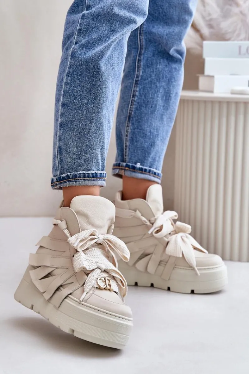 Sale CheBello Skórzane Sneakersy Damskie Na Masywnej Platformie 4561 Beżowe Beżowy