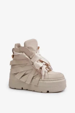 Sale CheBello Skórzane Sneakersy Damskie Na Masywnej Platformie 4561 Beżowe Beżowy