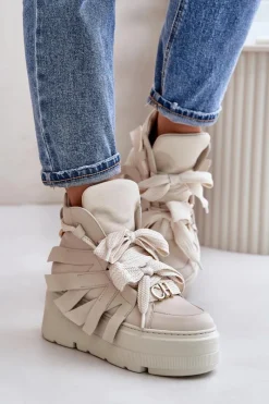 Sale CheBello Skórzane Sneakersy Damskie Na Masywnej Platformie 4561 Beżowe Beżowy