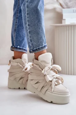 Sale CheBello Skórzane Sneakersy Damskie Na Masywnej Platformie 4561 Beżowe Beżowy