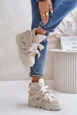 Sale CheBello Skórzane Sneakersy Damskie Na Masywnej Platformie 4561 Beżowe Beżowy