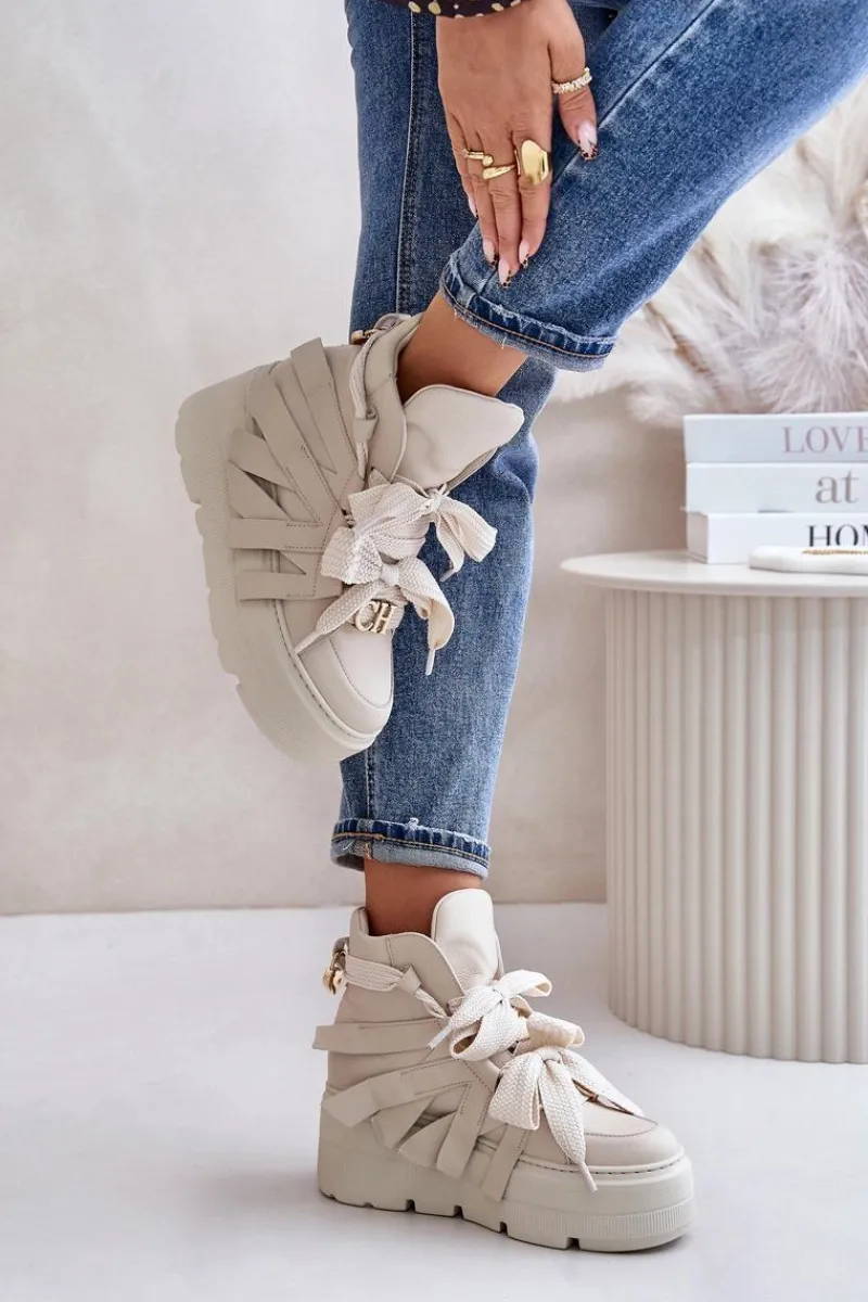 Sale CheBello Skórzane Sneakersy Damskie Na Masywnej Platformie 4561 Beżowe Beżowy