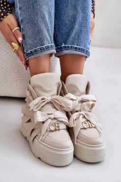 Sale CheBello Skórzane Sneakersy Damskie Na Masywnej Platformie 4561 Beżowe Beżowy