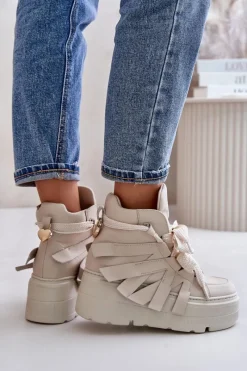 Sale CheBello Skórzane Sneakersy Damskie Na Masywnej Platformie 4561 Beżowe Beżowy