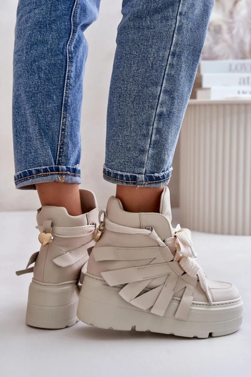 Sale CheBello Skórzane Sneakersy Damskie Na Masywnej Platformie 4561 Beżowe Beżowy