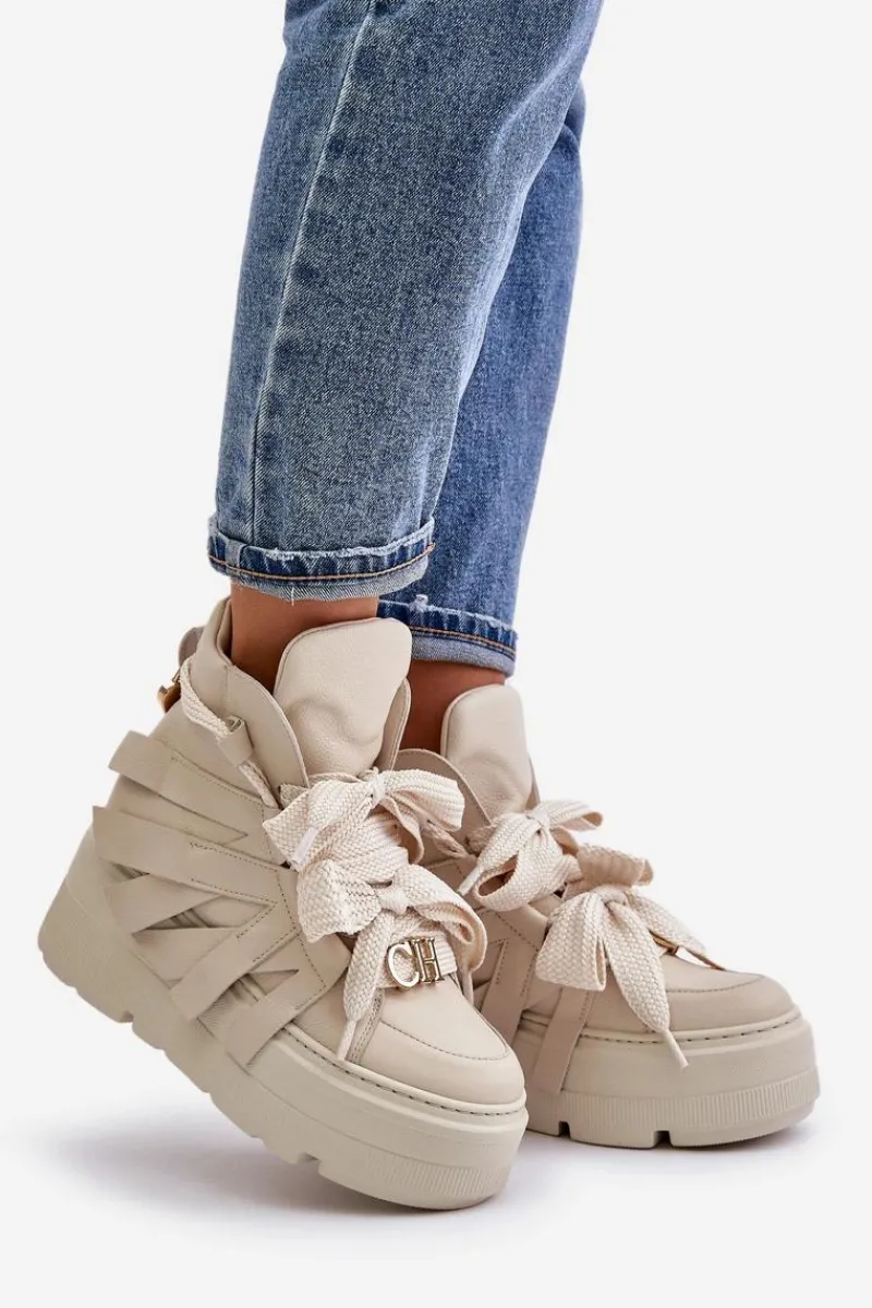 Sale CheBello Skórzane Sneakersy Damskie Na Masywnej Platformie 4561 Beżowe Beżowy