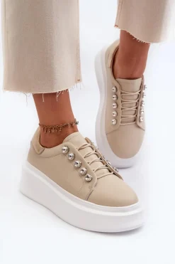 Clearance Skórzane Sneakersy Damskie Na Masywnej Platformie Beżowe S.Barski LR628 Damskie Sneakersy Damskie
