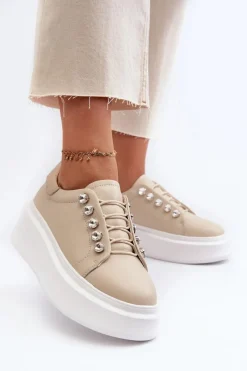 Clearance Skórzane Sneakersy Damskie Na Masywnej Platformie Beżowe S.Barski LR628 Damskie Sneakersy Damskie