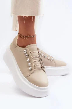 Clearance Skórzane Sneakersy Damskie Na Masywnej Platformie Beżowe S.Barski LR628 Damskie Sneakersy Damskie