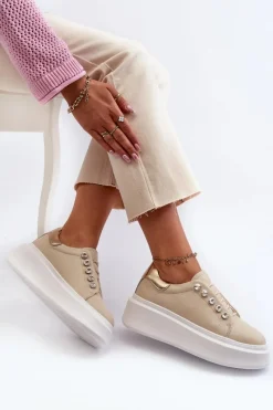 Clearance Skórzane Sneakersy Damskie Na Masywnej Platformie Beżowe S.Barski LR628 Damskie Sneakersy Damskie