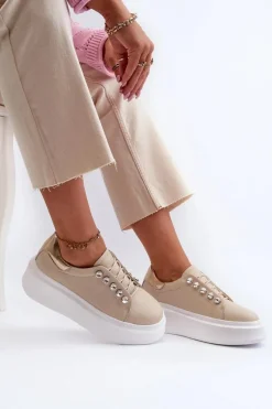Clearance Skórzane Sneakersy Damskie Na Masywnej Platformie Beżowe S.Barski LR628 Damskie Sneakersy Damskie