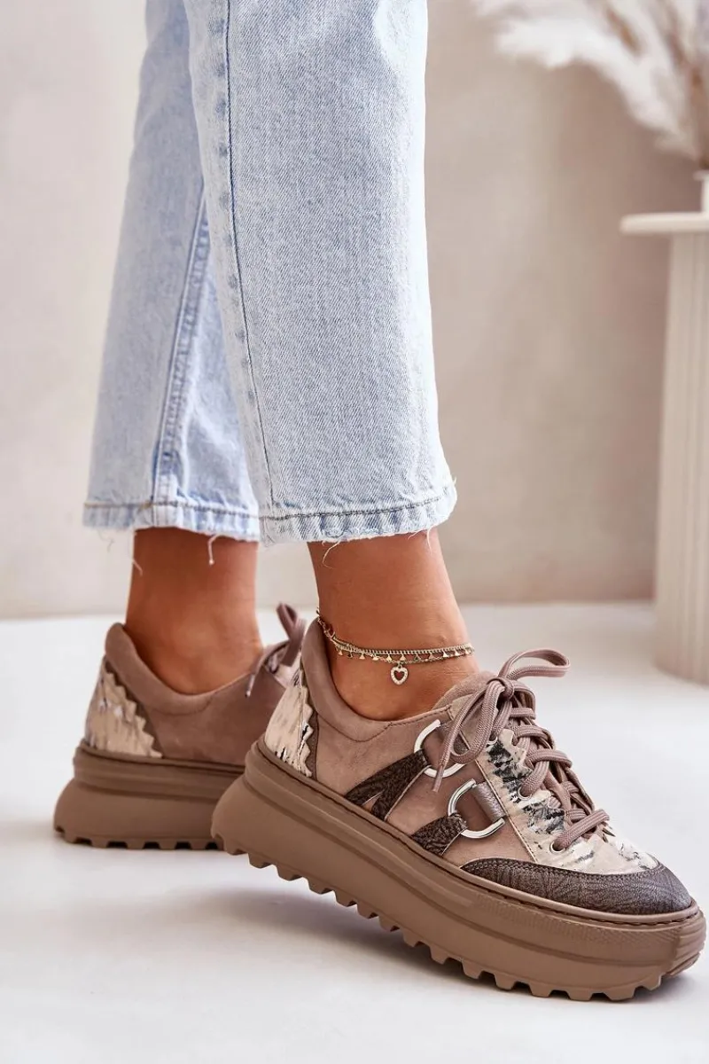 Buty Sportowe Na Platformie>Maciejka Skórzane Sneakersy Damskie Na Platformie 06562-10 Ciemnobeżowe