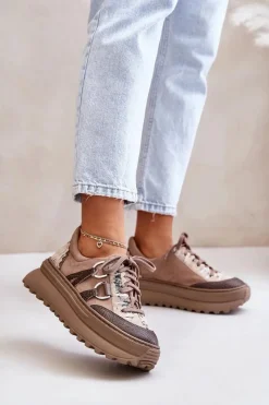 Buty Sportowe Na Platformie>Maciejka Skórzane Sneakersy Damskie Na Platformie 06562-10 Ciemnobeżowe