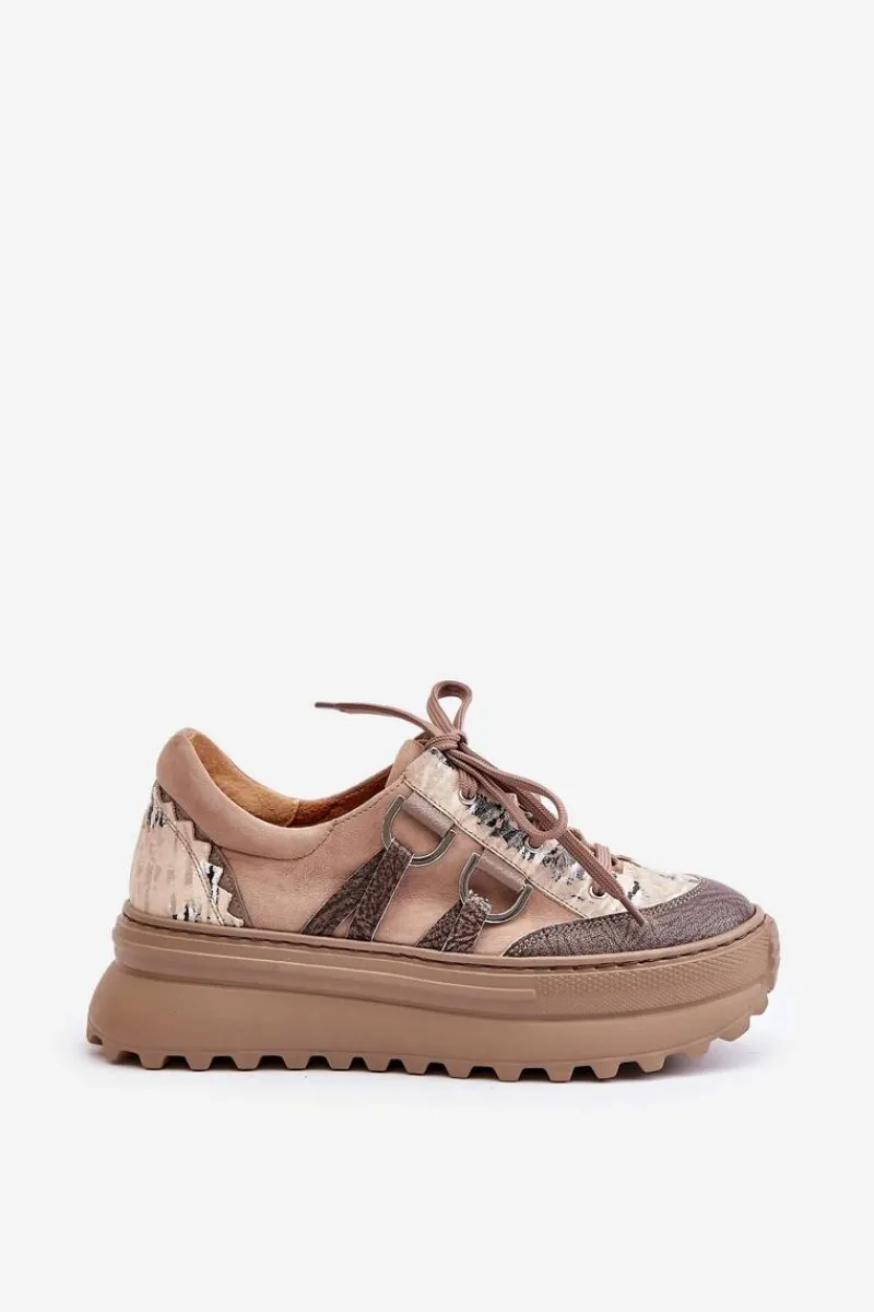 Buty Sportowe Na Platformie>Maciejka Skórzane Sneakersy Damskie Na Platformie 06562-10 Ciemnobeżowe